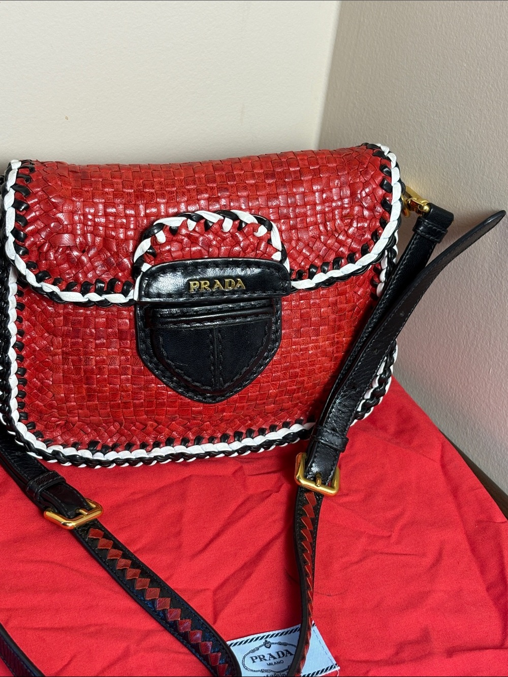 Prada Madras Red Woven Leather Crossbody with Black & White Trim - like new